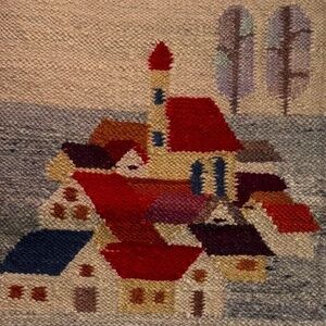 Vintage 1970s Polish Kilim Wool Scandinavian Village Cepelia Tapestry